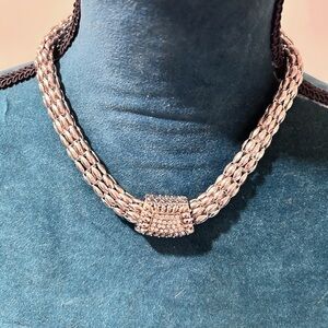Vintage Hammered Steel Necklace with Rhinestone Accent and Magnetic Closure